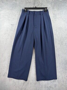 Women Navy Blue Wide Leg Palazzo Trousers Pleated Flowy High Rise Pants